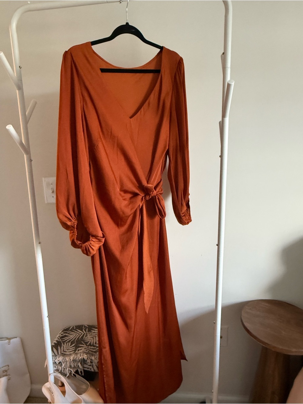 Knot-Detail Long Sleeve Maxi Dress in Burnt Orange
